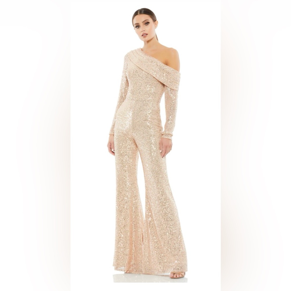 Mac Duggal Rose Gold Sequined Drop Shoulder Long Sleeve Jumpsuit Sz 0